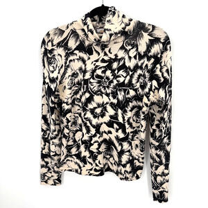Talbots Silk Blend Floral Cowl Neck Top Small Black Cream Long Sleeve